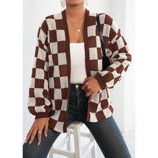 歐美棋盤格開衫毛衣，女款針織休閒毛衣外套