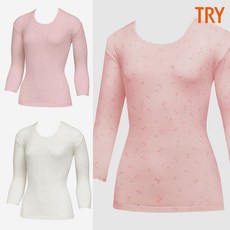 트라이 국산 여성내복상의 7부 순면 40수 레이스 꽃무늬 보온내의 겨울