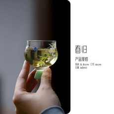 賣場新品2024春歸玻璃係列閤集手工貼花高硼硅綠茶器蓋碗茶壺茶盃公道盃, 1個, 春歸-有曼品盃-浮綠