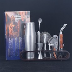 新手入門調酒設備酒吧調酒工具全套組閤套裝調酒器搖酒壺不銹鋼 調酒器 調酒器具 調酒盃 雪剋盃 調酒工具 調酒組, 帶木架復古做舊波士頓20件套, 1個