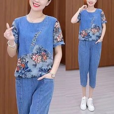 중년여성 여름 패션 데님 세트 여성 패치 플라워 반팔 7부 팬츠 와이드팬츠 코디 상하의세트