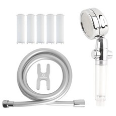 HOMEDAUM Premium 5way可調水壓濾芯蓮蓬頭+濾芯 5入+防纏繞PVC淋浴軟管1.5m組, 1組, 混色