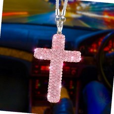 차량 룸미러 장식 핑크 크리스탈 십자가 펜던트 신앙 기도 인테리어 액세서리 종교, 1개