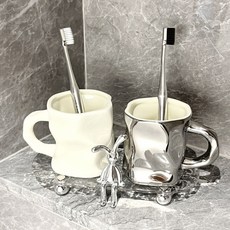 DZER 양치컵 세라믹 양치질 컵 고급 금속 느낌 핸들 포함 세트 욕실 액세서리, （아이보리+은색 은빛）+도자기 트레이