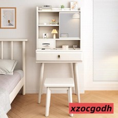 北歐風實木化妝桌, 60cm-象牙白推拉鏡化妝桌+化妝凳