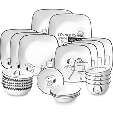Corelle Brands 康寧餐具 Snoopy & Charlie版 4人韓式方形餐具組 21件組, 黑色 + 白色, 餐具6種, 1套
