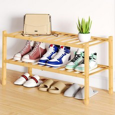 Smiry 신발장 6단 긴 대나무 신발 오거나이저 쌓을 수 있는 프리 스탠딩 목재 신발 보관 선반 옷장 입구 현관 입구용 그레이, 천연, 2 Tier - Regular