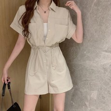 Yellwell 복고풍 수납 공장풍 여성 여름 반팔 셔츠 루즈핏 와이드 팬츠 DJP