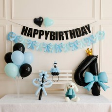 [파티랑]생일 리본가랜드 숫자풍선세트(DIY케익 머리띠 플라워 포함), 1세트, 01-4)생일 리본가랜드 숫자풍선세트 블루 4