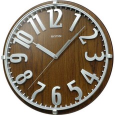 【神梭鐘錶】RHYTHM CLOCK 日本麗聲圓型深咖啡木面銀灰色立體字滑動秒針靜音石英鐘 型號：CMG106NR06, 1個