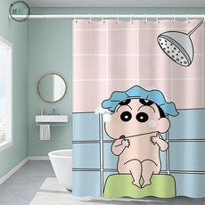墟里居 蠟筆小新系卡通浴簾洗澡加厚防水布加重鉛墜客廳門簾廚房干濕分離, 1個, 小新5,寬100cm*高200cm浴簾+掛環