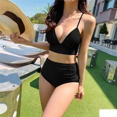 比基尼女 性感分體高腰遮肚顯瘦女士遊泳衣溫泉女泳裝, 黑色