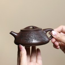 景舟石瓢壺 原礦老紫泥 宜興紫砂壺 茶具 名家純手工刻繪 文玩茶器 陶器, SWJ071竹葉光明石瓢, 1個
