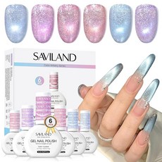 새빌랜드 고양이 눈 마그네틱 네일: 9PCS 젤 네일 폴리쉬 자석 도구 세트 강력 흡입 네모난 둥근 스틱 다양한 효과 더블 엔드 살롱 아트, 10 Gel Polish Cat Eye 6 Color