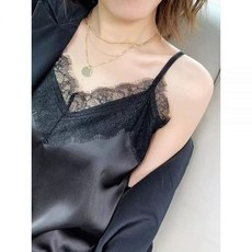 나시 실크 블랙 슈트 새틴 브이넥 레이스 이너 캐미솔 민소매 레이어드, 화이트, 2XL