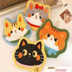 可愛擦手巾廚房擦手毛巾掛式衛生間吸水三層加厚抹布家用兒童手帕, 1個, 灰色小貓咪【瞬時吸水 不掉毛】,20*24cm