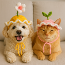 반려동물 핸드메이드 뜨개 모자 강아지 고양이 따뜻한 겨울 외출용 애견 모자, 1개, 초록 꽃송이