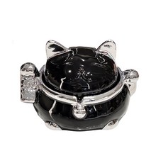 高級黑招財貓陶瓷煙灰缸帶蓋密封防異味桌面擺件，精緻陶瓷材質，有效阻隔煙味，保持桌面清潔, 招財貓菸灰缸（黑銀）, 1個