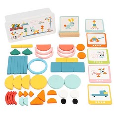 兒童益智木製拼圖玩具 幾何形狀認知 幼兒園創意拼圖 趣味早教益智玩具, 1個, 趣味幾何拼圖,1盒+47木塊+25張雙面題卡+1底座
