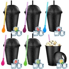 Ninehaoou 돔 뚜껑과 빨대가 있는 슬러시 컵 6세트 탈착식 스푼 빨대 재사용 가능한 플라스틱 아이스 커피 스무디 텀블러 생일 여름 파티 용품(라이트 색상 709., 16 oz, 블랙