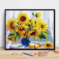 【TangZhen】유화그리기 유화그리기세트 디지털 유화 diy 남자 여자 아이 수제 창의 심플한 리넨 만화 색칠 방 거실 색칠 장식 그림, 해바라기, 40*50cm 내장 2.5 두께(색천), 1개
