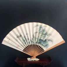 安泓霖 原創手繪摺扇 草蟲荷葉圖 扇面扇子 扇骨玉竹, 如圖所示, 1個