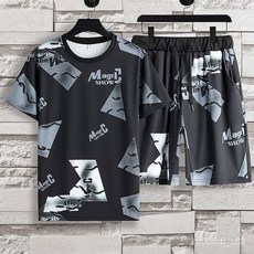 冰絲運動休閒套裝男款，寬鬆大碼短袖T恤短褲兩件套，透氣速乾大尺碼運動套裝