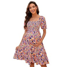 [ 975380 ] 뷰티니 꽃무늬 프린트 임산부 드레스 짧은 퍼프 소매 스퀘어 넥 러플 밑단 캐주얼 스윙 드레스 퍼플