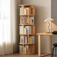 KURUA 학생 대용량 원형 책장 거실 서재 회전형 책꽂이, 오크, 5단