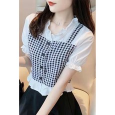 해피유통 여성 러블리한 체크무늬 반팔 셔츠 귀여운 레이스 디테일bhf