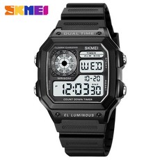 時刻美SKMEI 男士學生戶外運動防水夜光多功能電子錶 雙顯計時鬧鐘 1299 1335 1998 黑色
