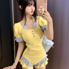 女款泳衣 可愛泡泡袖拼接泳裝, 黃色