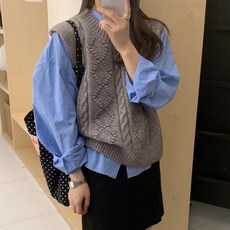 2023년 가을 무지 루즈핏 민소매 라운드넥 외투 니트 조끼 여성용