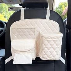 汽車椅背收納袋 多功能儲物箱 車載座椅背掛袋, 1個, 米白色置物袋送防水內桶垃圾袋
