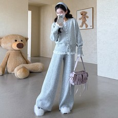 實拍2025孕婦花邊拼接系帶設計闊腿褲針織毛衣寬鬆套裝