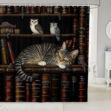 Feelyou 빈티지 라이브러리 욕실 샤워 커튼 세트 길이 182.9cm x 너비 182.9cm(72 72인치) 책 고양이 남아 여아용 귀여운 책장 목욕 어린이 액세서리1413