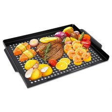MEHE 야채 그릴 바구니 논스틱 그릴 팬 36.9 x 29.9cm14.6 x 11.4인치 두꺼운 그릴 토퍼 BBQ 액세서리 채소 생선 새우 고기 캠핑 조리기구용 손, 손 없음