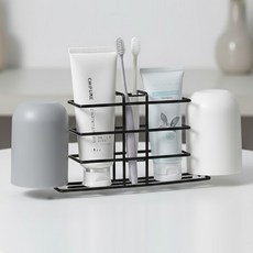 뽀송홈 양치컵이 들어있는 무타공 칫솔꽂이, 블랙