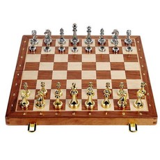 원목 체스판 금속 말 휴대용 접이식 보드 게임, 1개, 골드 실버 버전 29x29cm