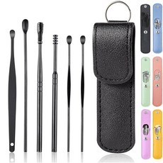 6개 이어픽 이어 제거 키트 이어 클렌징 도구 세트 이어 큐렛 360 나선형 디자인 이어관 스테인리스 스틸 가정 및 여행용 보관함 휴대용 키트 블루, Black