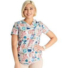 Cherokee 여성용 스크럽 브이넥 프린트 수술복 탑 모던 클래식 핏 포켓 3개 쉐이핑 다트 및 사이드 벤트 포함 - CK664 Happy Holidogs XXL 플러