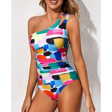 크로스보더 원피스 단어 어깨 더블 스트랩 모노키니 원피스 수영복 비키니 호텔 호캉스 휴양지, J_컬러 블록