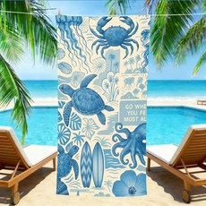 빈티지 해안 서핑 비치 타월 여름용 거북이와 서핑보드 프린트가 부드럽고 흡수력이 뛰어난