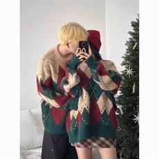 美式復古菱格聖誕情侶裝毛衣秋冬2025新款高級感超火慵懶風針織衫, 1個, M5734聖誕棕毛衫【高質感】,m建議100斤以下