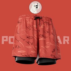 男士雙層泳褲 白熊印花 寬鬆沙灘褲