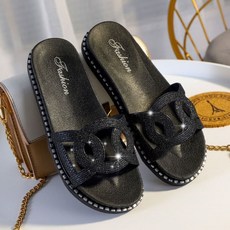 미끄럼방지 키높이 큐빅 쪼리 미들굽 신발 힐 여자 패션 슬리퍼 스팽글 사무실 여름