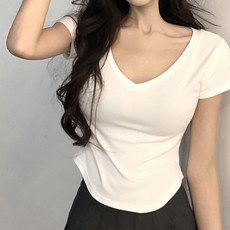 투니스 여성 브이넥 슬림 웨이스트 숏 반소매 티셔츠