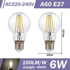 2PCS LED 필라멘트 전구 E14 E27 C35 ST64 G80 A60 220V 4W 9W 흰색 유리 360 학위 에디슨 레트로 복고풍, 08 A60 E27 4000K, 01 AC220-240V