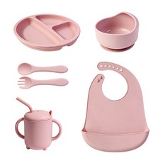 DFMEI 硅膠餐盤圍兜嬰兒童碗餐具叉勺防摔零食杯子套裝兒童輔食硅膠餐盤, 1個, 6件套淺粉色:如圖