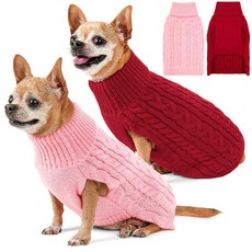 KCFESTIHUE 소형견용 2팩 강아지 스웨터 터틀넥 풀오버 케이블 니트 강아지 스트레치 의류 치와와 요키 포메라니안 장난감 푸들 남아 여아 애완 동물 겨울 강아지 옷 (S, 핑크 & 레드